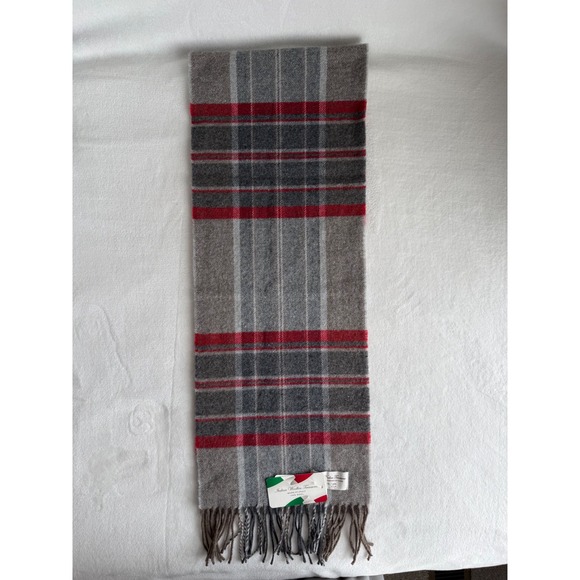 NWT Italian Woolen Treasures 100% Wool Scarf Gray Red Stripes Fringe Unisex - Picture 5 of 7